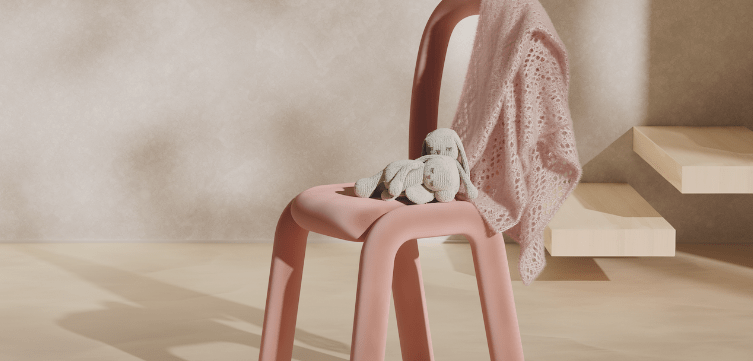 
    Two amigurumi rabbits sitting on a chair in a perfectly hygienic luxury flat.
    