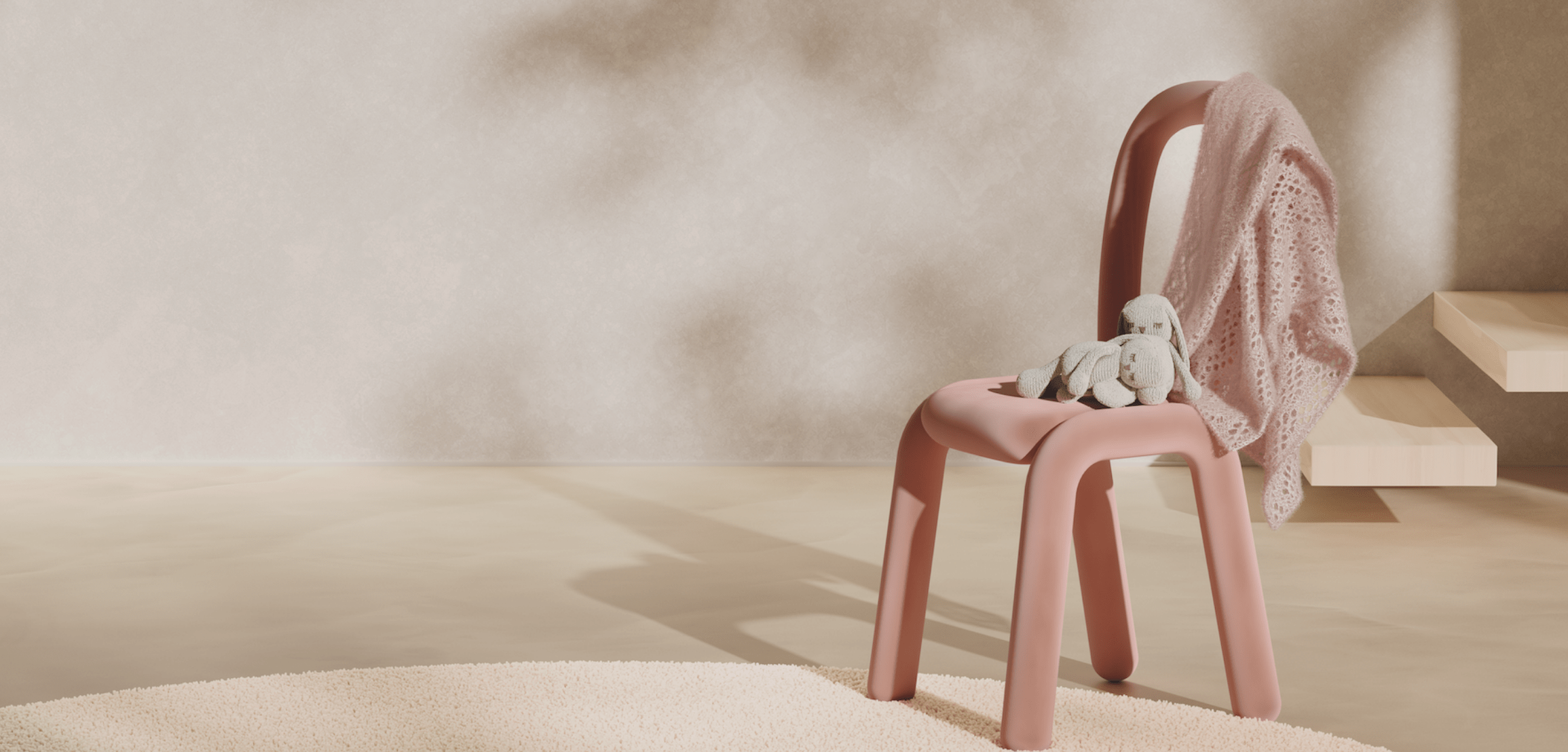 
    Two amigurumi rabbits sitting on a chair in a perfectly hygienic luxury flat.
    