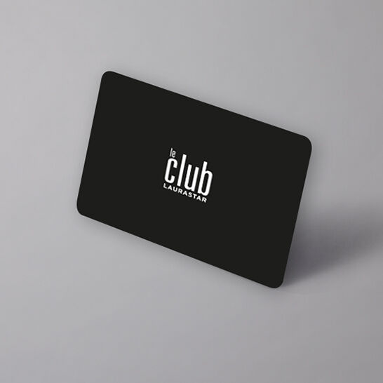A sleek black membership card with rounded corners featuring the white logo text 